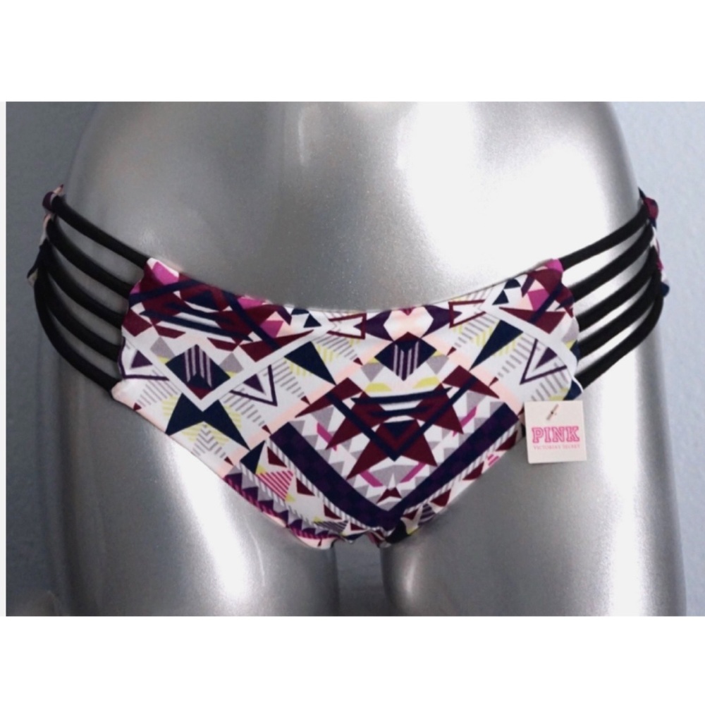 PINK Victorias Secret Nwt Geo Print Strappy Sides Sexy Swim Bikini Bottom XS